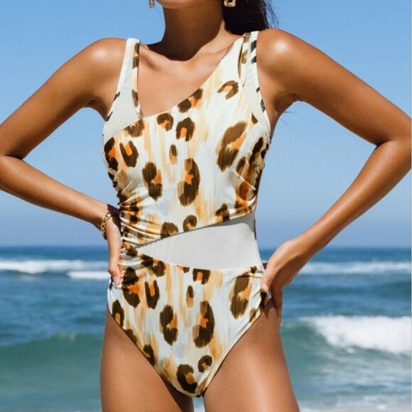 Cupshe Flowing Leopard Mesh Cutout Cheeky One Piece Swimsuit - Small NWT - Picture 1 of 6